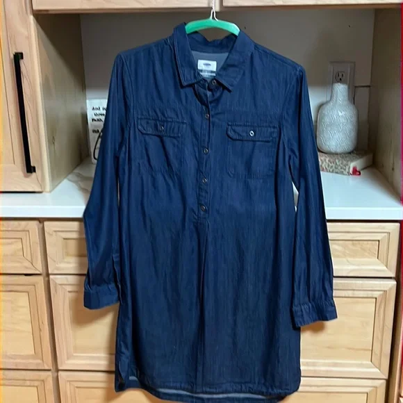 old navy long sleeve denim dress Old Navy Womens Dress Denim Blue Button Long Sleeve Chambray Blue Size Medium